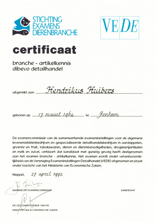 Dibevo artikelenkennis certificaat Henk Huibers | Huibers Discusvissen 1992