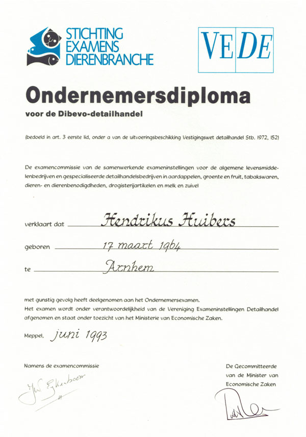 Dibevo Ondernemersdiploma certificaat Henk Huibers | Huibers Discusvissen 1993